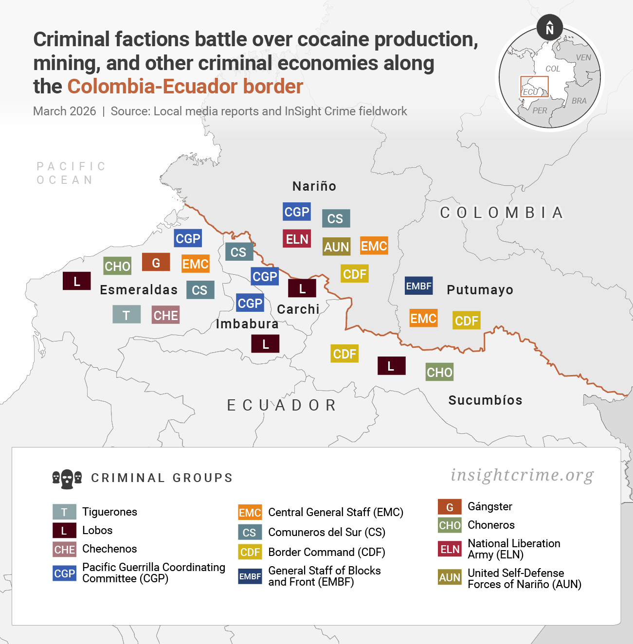 Mapa: Ataques militares miram o complexo cenário criminal na fronteira Colômbia-Equador